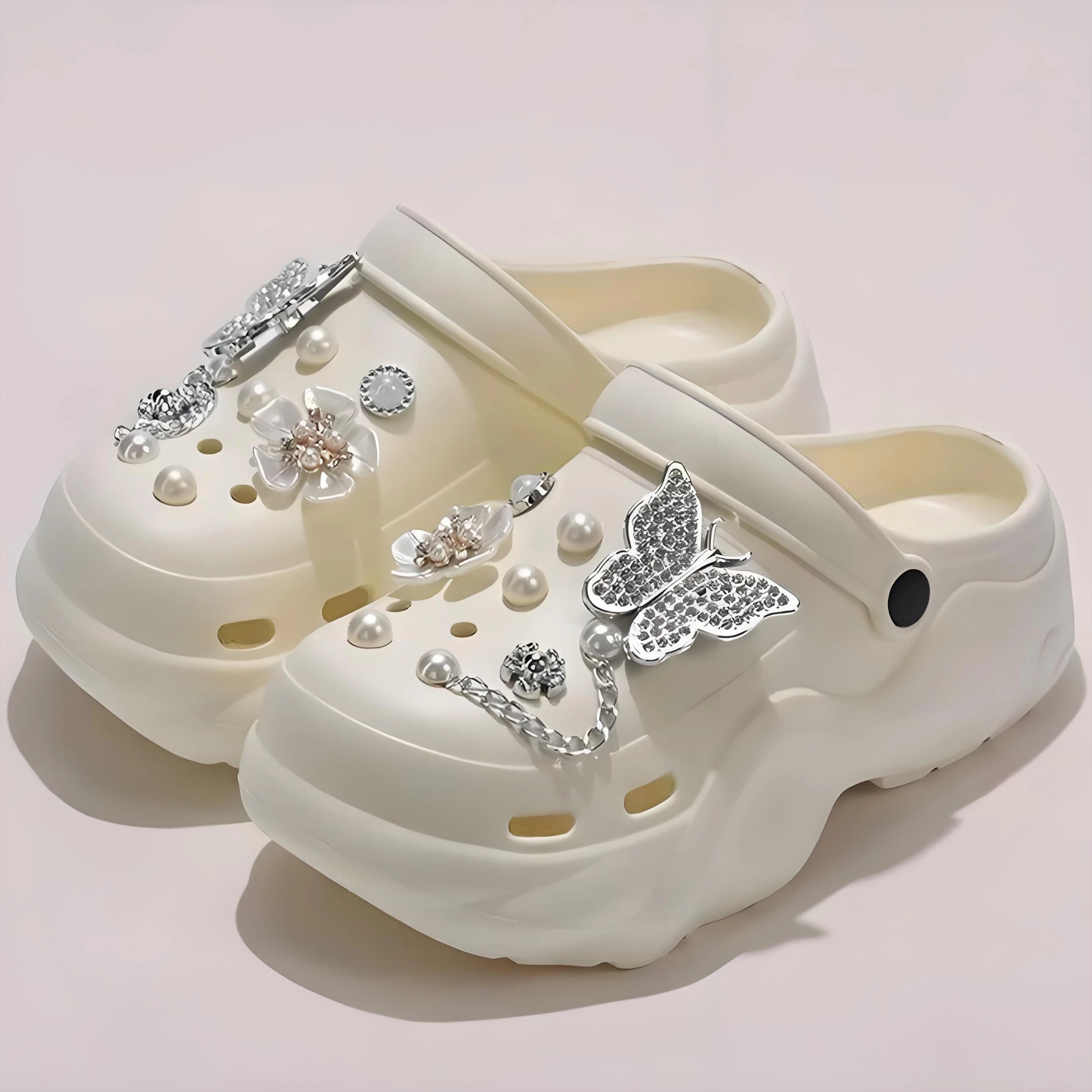 Women DIY Silver Chains Fashion Bear Decor Clogs Summer Sping Autumn Beach Sandals Cave Hole Garden Shoes For Students Girls New