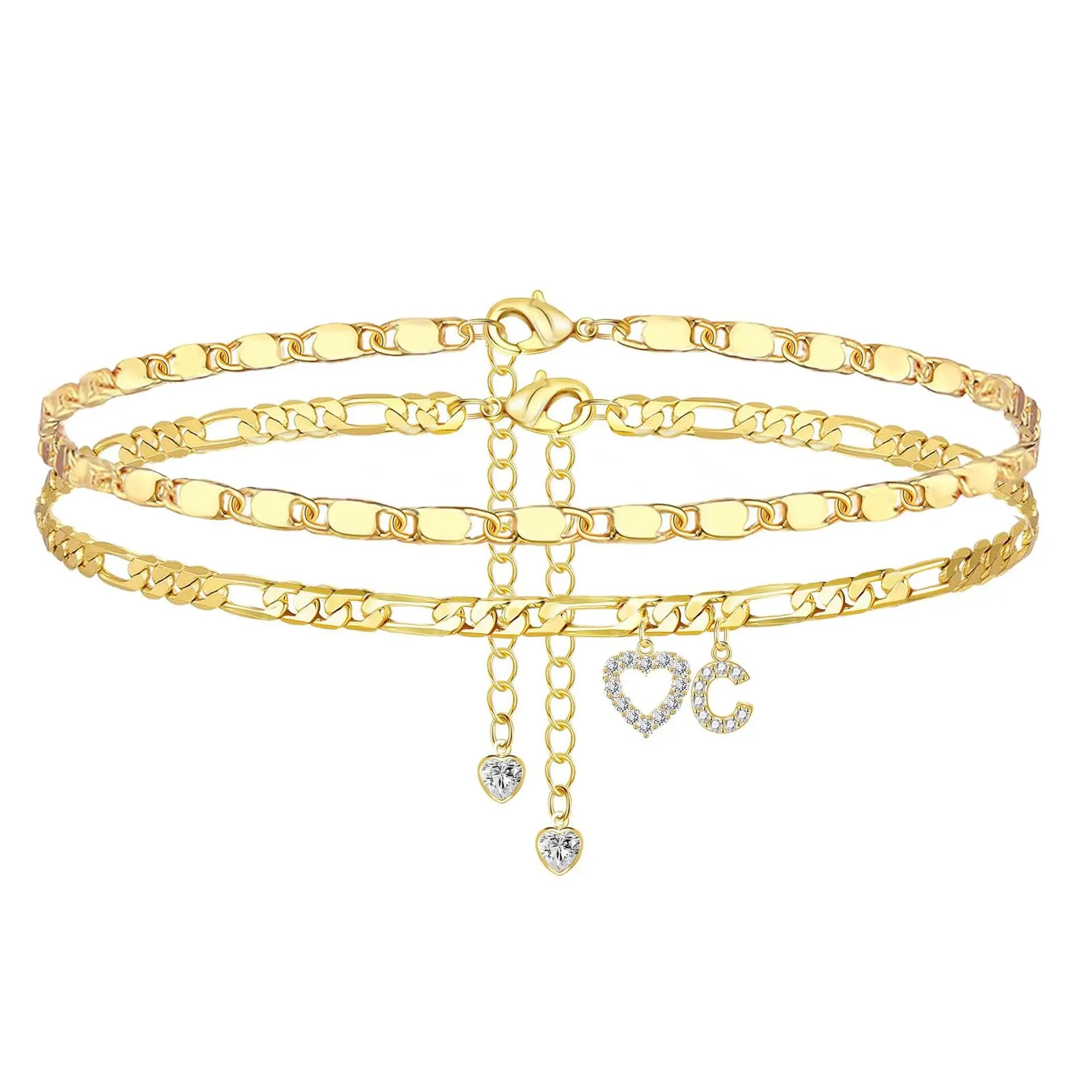 Gold Anklet Bracelet for Women Waterproof 18K Gold Plated Stainless Steel Figaro Hammer Chain Ankle Chain Bracelets Foot Jewelry