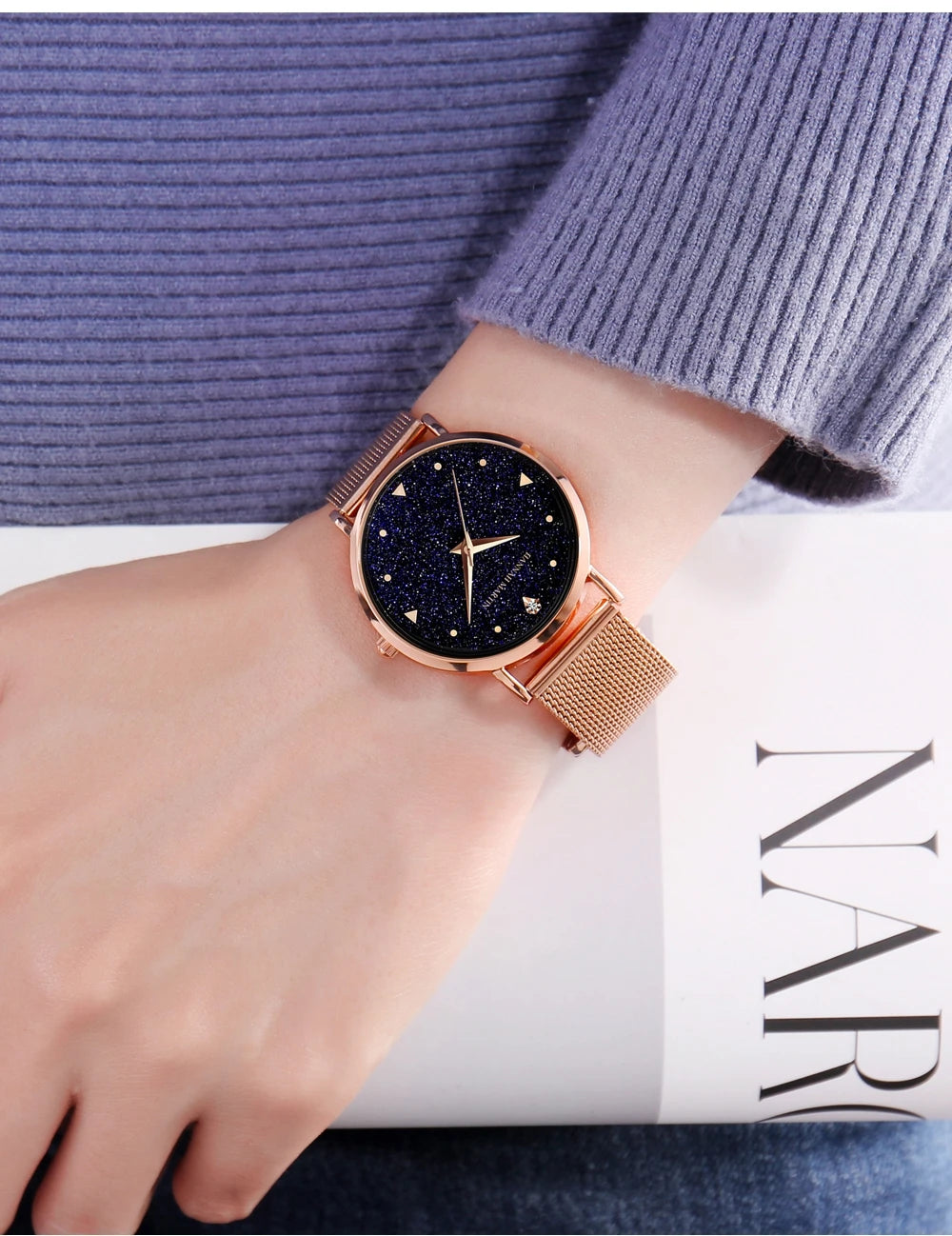 Women Luxury Watch 36mm Fashionable Frosted Dial Japanese Movement Rhinestone Rose Gold Stainless Steel Mesh Women Dress Watches