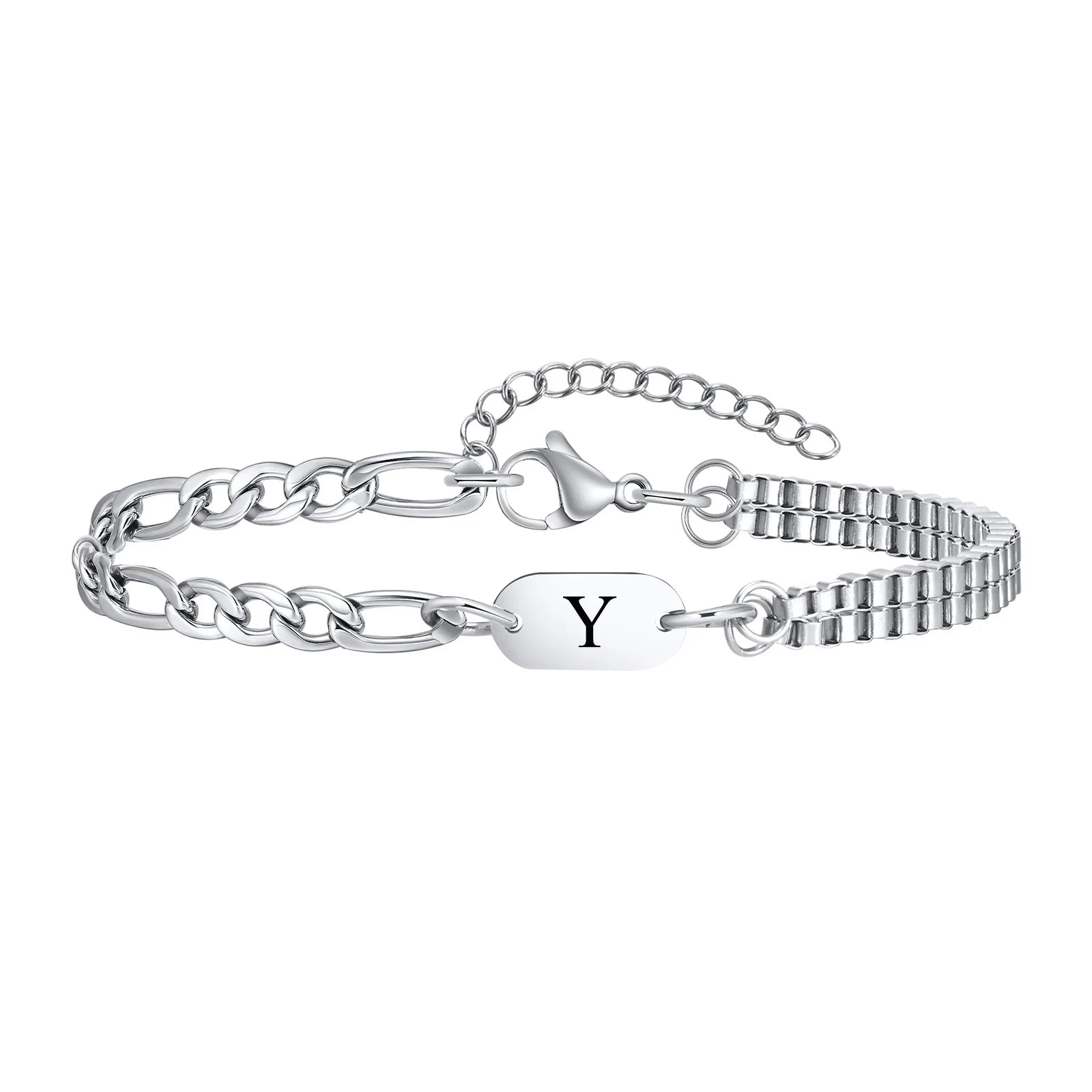 Vnox A-Z Initial Bracelets for Men Women, Never Fade Figaro Chain, Double Layered Box Link Chain Bracelets, Name Gift for Him
