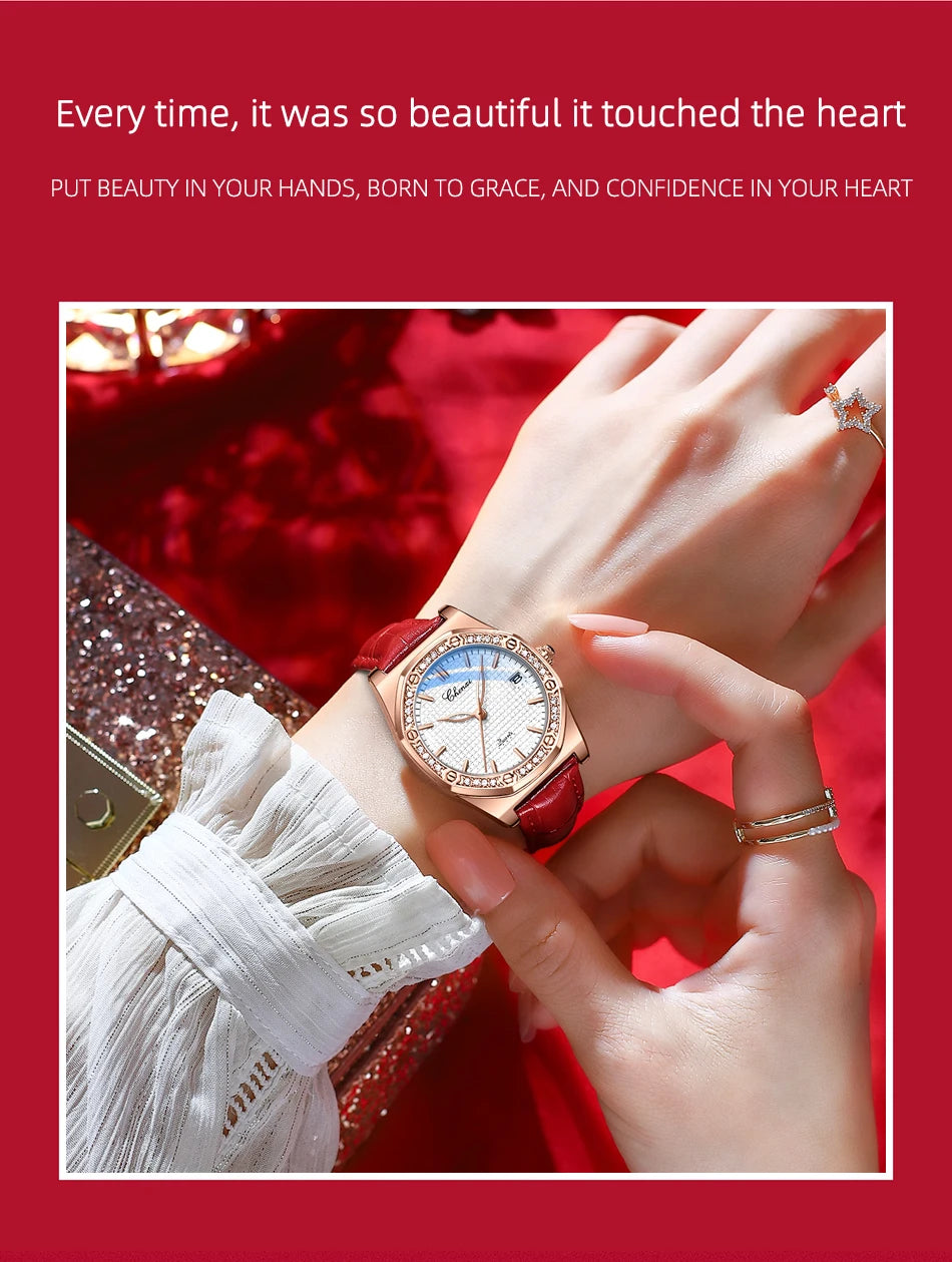 CHENXI Quartz Movement Woman Watch Simple Elegant Luxury Rose Gold Steel and Leather Strap Waterproof Ladies Dress Wristwatch