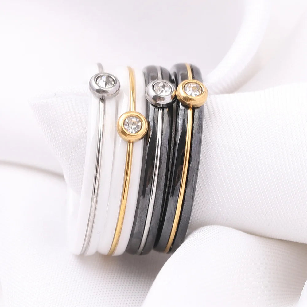 HNSP 4MM luxury Zircon Ceramic Black White Ring For Women Finger Jewelry Accessories