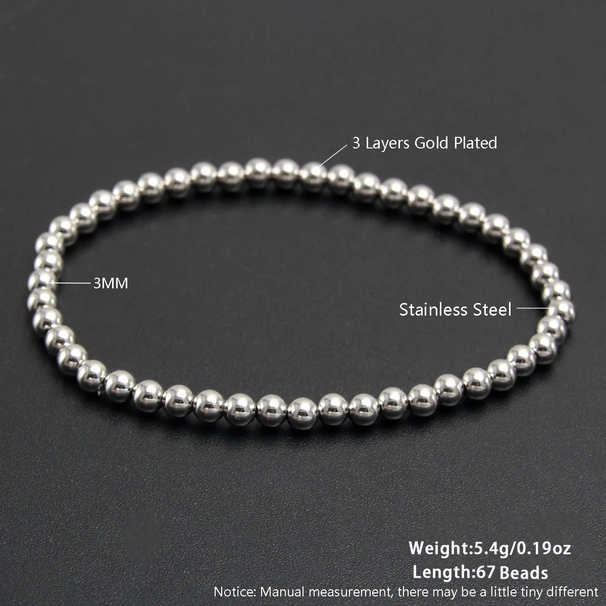 MHS.SUN Fashion Waterproof Smooth Stainless Steel Bracelets 2-10mm Elastic Beaded Gold Plated Stackable Bracelet Women Jewelry