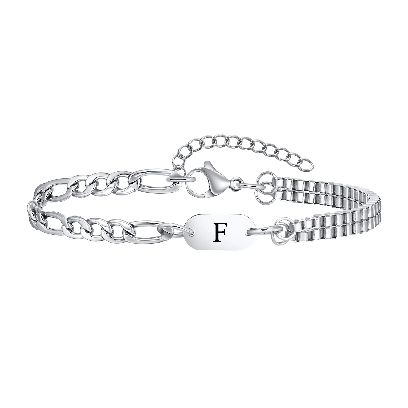 Vnox A-Z Initial Bracelets for Men Women, Never Fade Figaro Chain, Double Layered Box Link Chain Bracelets, Name Gift for Him