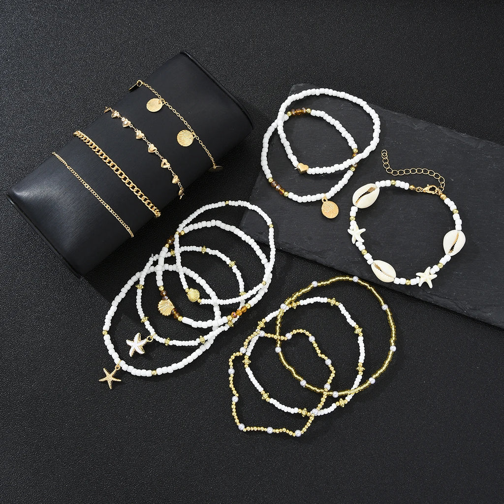 14Pcs/Set Bohemian Rice Beads Starfish Shell Anklet Sets for Women Retro Gold Color Multilayer Foot Chain Vacation Jewelry Gifts