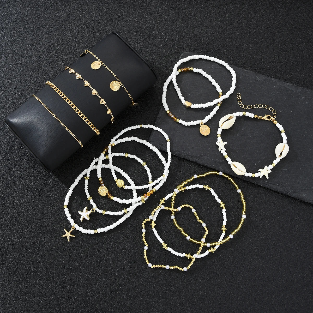 14Pcs/Set Bohemian Rice Beads Starfish Shell Anklet Sets for Women Retro Gold Color Multilayer Foot Chain Vacation Jewelry Gifts