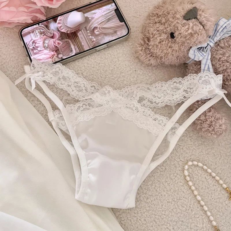 Cross Belt Lace Transparent Sexy Women's Underpants Low Waist Mesh Hollowed Bow Panties Cotton Crotch Breathable Briefs Lingerie
