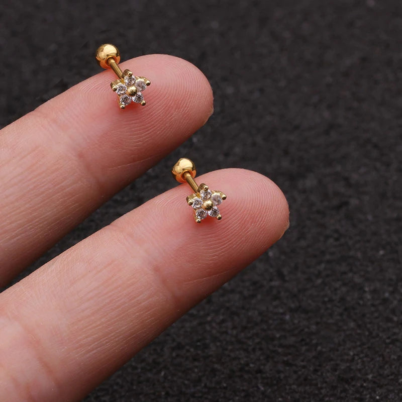 1PC Stainless Steel Gold Color Silver Color Flower CZ Tragus Cartilage Helix Star Ear Stud Piercing Zircon Daith Earring