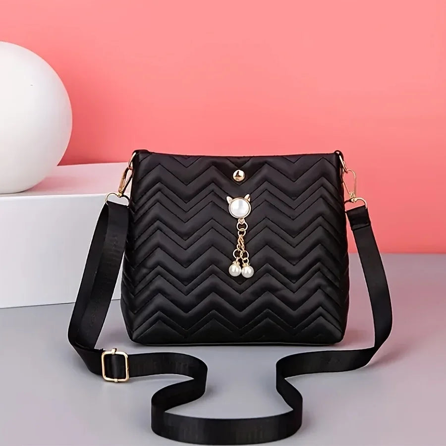 Elegant Quilted Crossbody Bag Stylish Women's Shoulder Purse Featuring Cat Pearl Pendant Ideal Valentine's Gift Novelty Purse