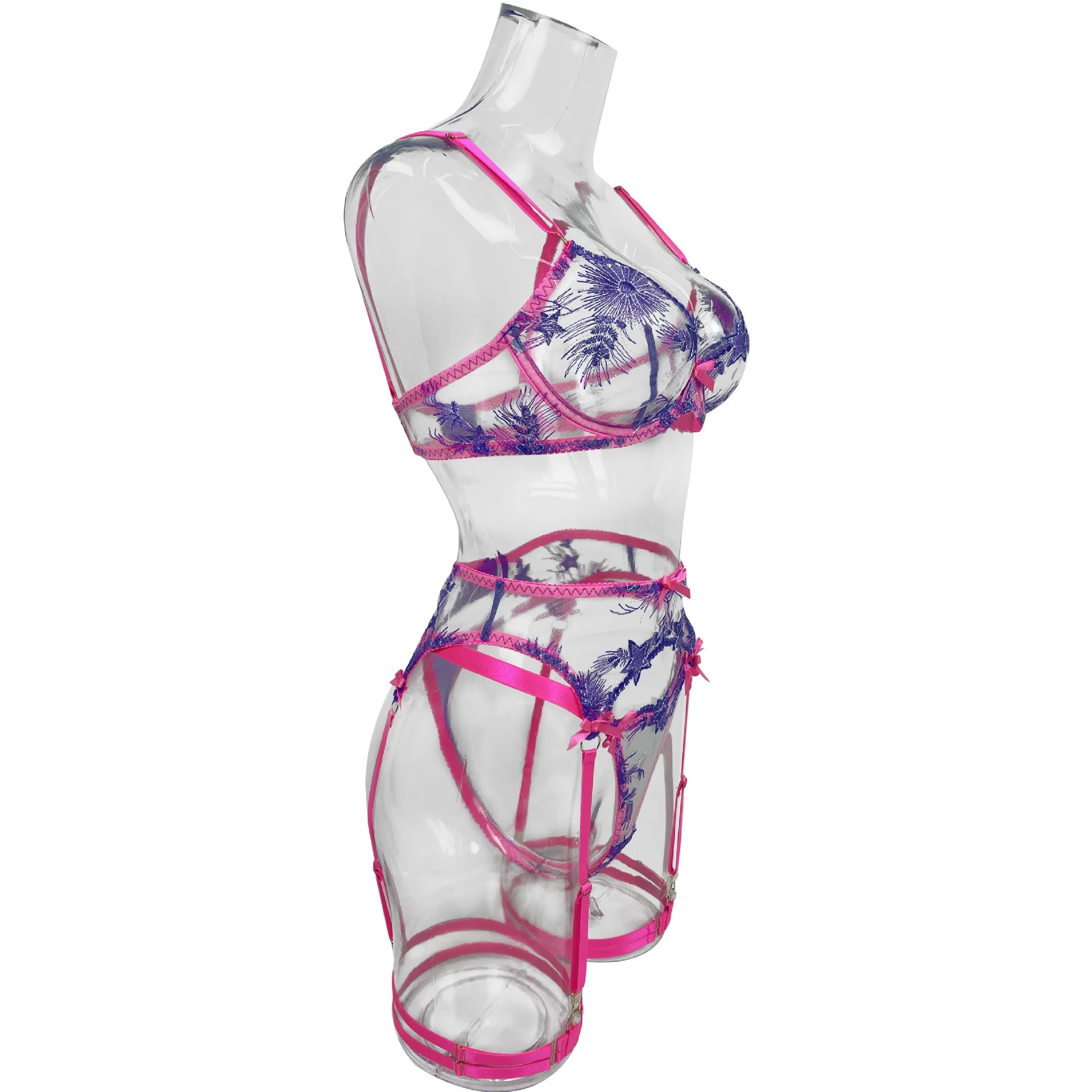 Ellolace Pink Fancy Lingerie Floral Luxury Lace See Through Underwear Sensual Garter Belt Set Contrast Color Fairy Outfit