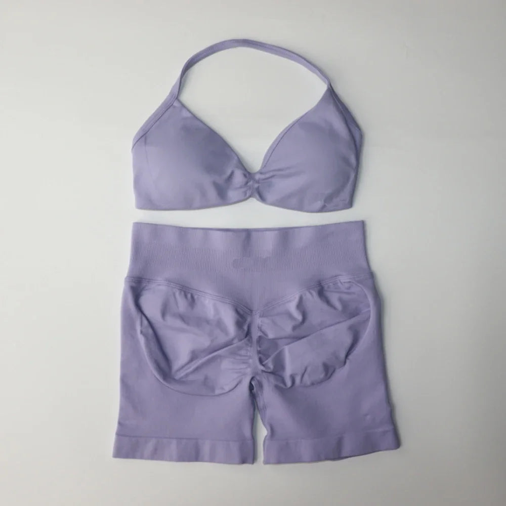 Seamless Sportswear Workout Set Women Two Piece Strappy Yoga Bra Top Scrunch Shorts Gym Clothes