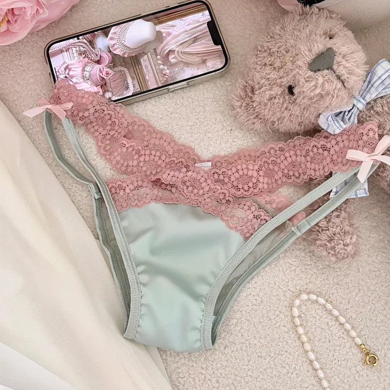 Cross Belt Lace Transparent Sexy Women's Underpants Low Waist Mesh Hollowed Bow Panties Cotton Crotch Breathable Briefs Lingerie