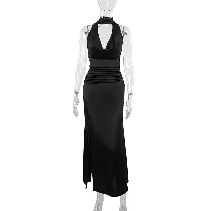 Sexy Satin Halter Dress - Ruched Slit Long Evening Gown