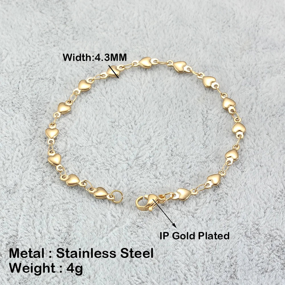 Stainless Steel Heart Bracelet For Women Link Chain Gold Silver Color Charm Female Cute Romantic Jewelry 7-9 Inch