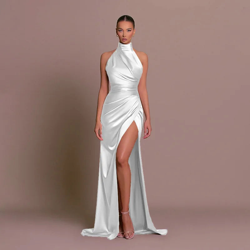 Sexy Satin Halter Dress - Ruched Slit Long Evening Gown