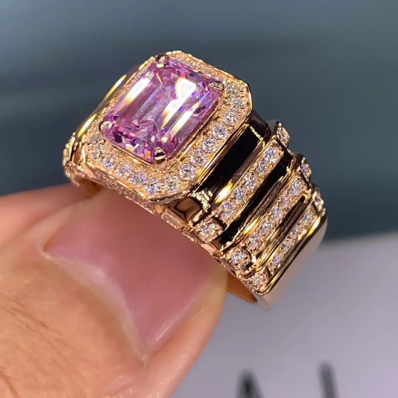 Huitan Aesthetic Pink Cubic Zirconia Engagement Ring for Women Luxury Gold Color Band Newly-designed Wedding Trendy Ring Jewelry
