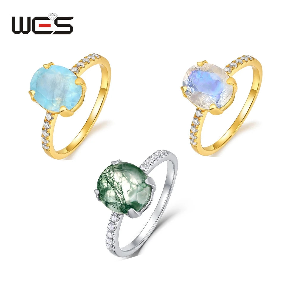 WES Oval Natural Birthstone Moonstone Promise Ring for Woman Aquamarine Moss Agate 925 Silver Jewelry Birthday Gift With Box