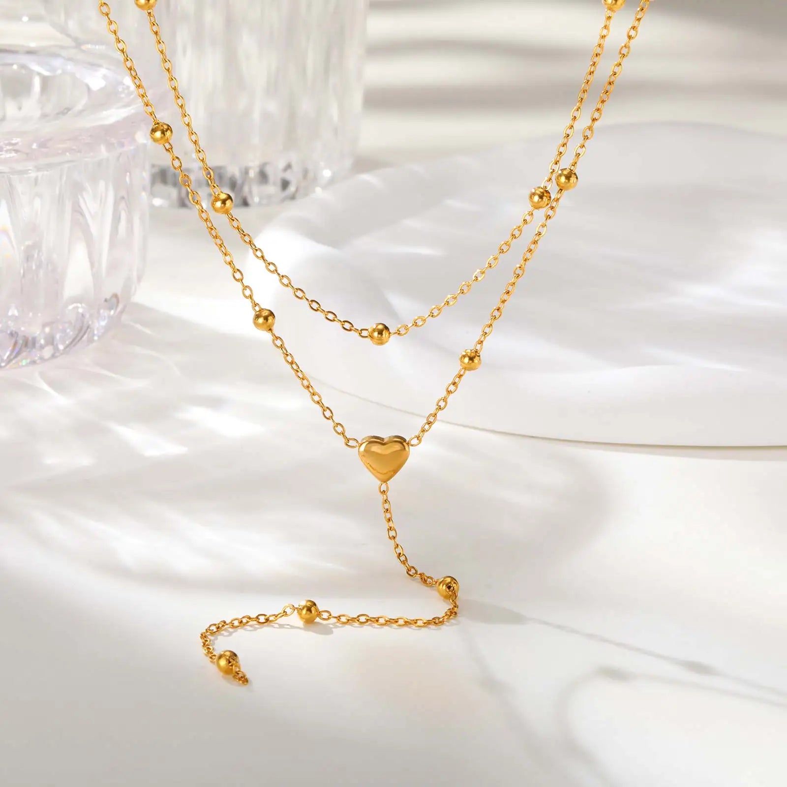 Dainty Bead Chain Zircon Heart-shaped Necklace for Women,Stainless Steel Flower Tassel Double Layer Y-shaped Necklaces Jewelry