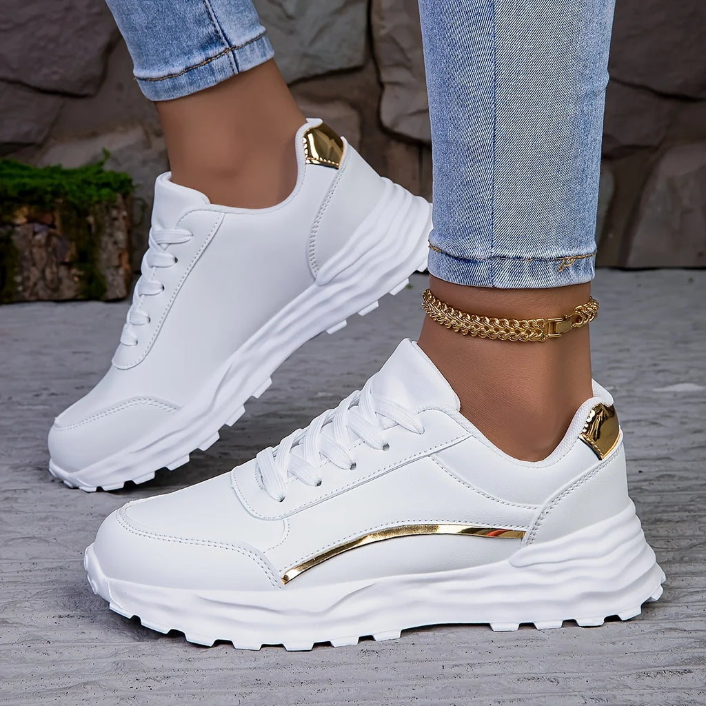 Women's Solid Color Casual Sneaker, Lace-up Lightweight Soft Sole Walking Shoes, Low-Top Comfortable Training Shoes