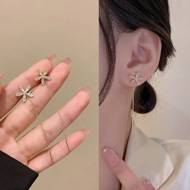 S925 Silver Needle Micro-inlaid Zircon Flower Ear Line Exquisite Light Luxury High Quality Drop Earring Star Jewelry Gifts