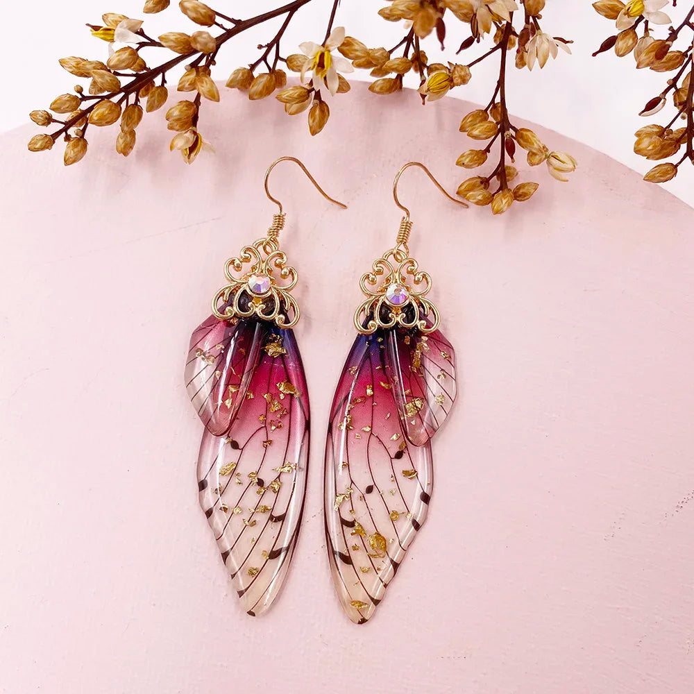 Handmade Fairy Simulation Wing Earrings Insect Butterfly Wing Drop Earrings Foil Rhinestone Earrings Romantic Bridal Jewelry