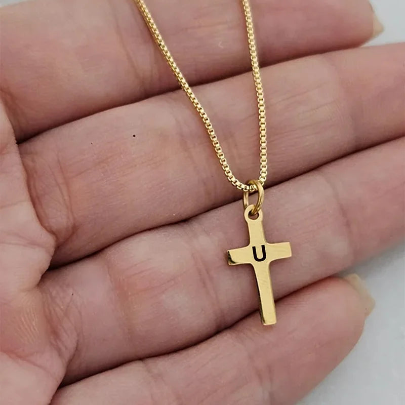 Initial Letter Cross Pendant Necklace - Gold Plated Kids Jewelry A-Z