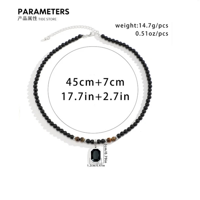 HNSP Black Crystal Pendant Bead Rosary Necklace For Men Jewelry Accessories