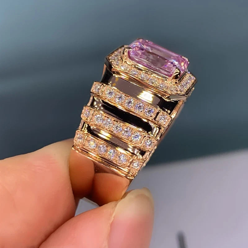 Huitan Aesthetic Pink Cubic Zirconia Engagement Ring for Women Luxury Gold Color Band Newly-designed Wedding Trendy Ring Jewelry