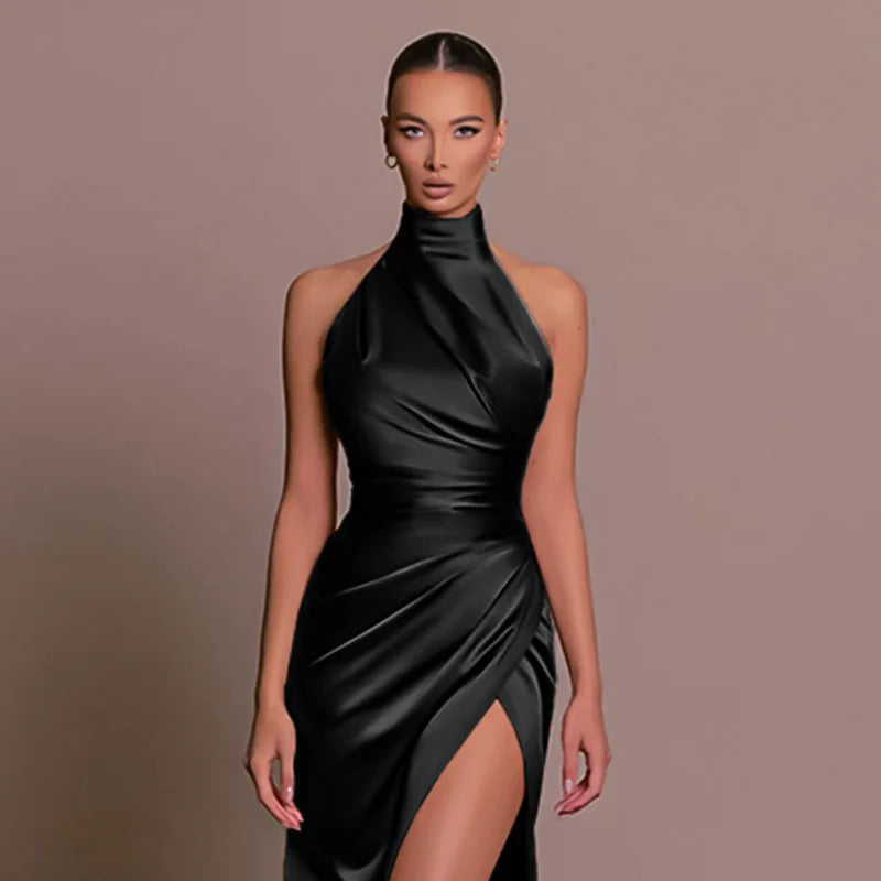 Sexy Satin Halter Dress - Ruched Slit Long Evening Gown