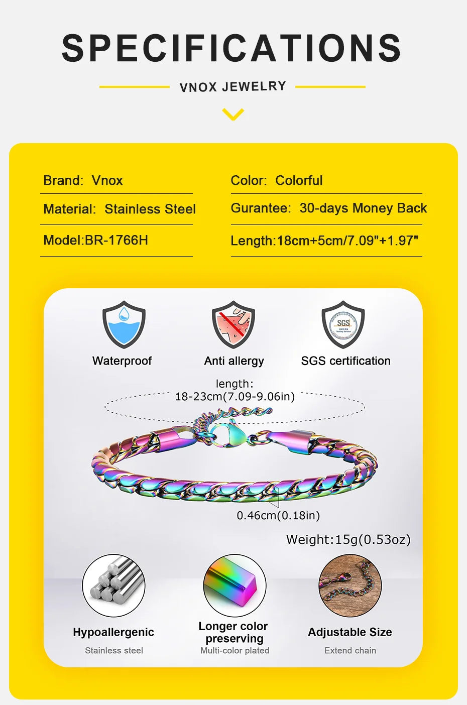 Vnox Colored Stainless Steel Handmade Snake Chain Bracelets for Men Boys,Adjustable Simple Metal Link Wristband, Hippie Jewelry
