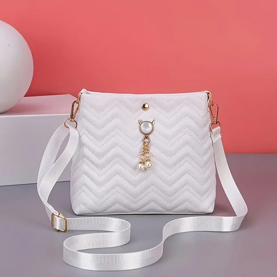 Elegant Quilted Crossbody Bag Stylish Women's Shoulder Purse Featuring Cat Pearl Pendant Ideal Valentine's Gift Novelty Purse