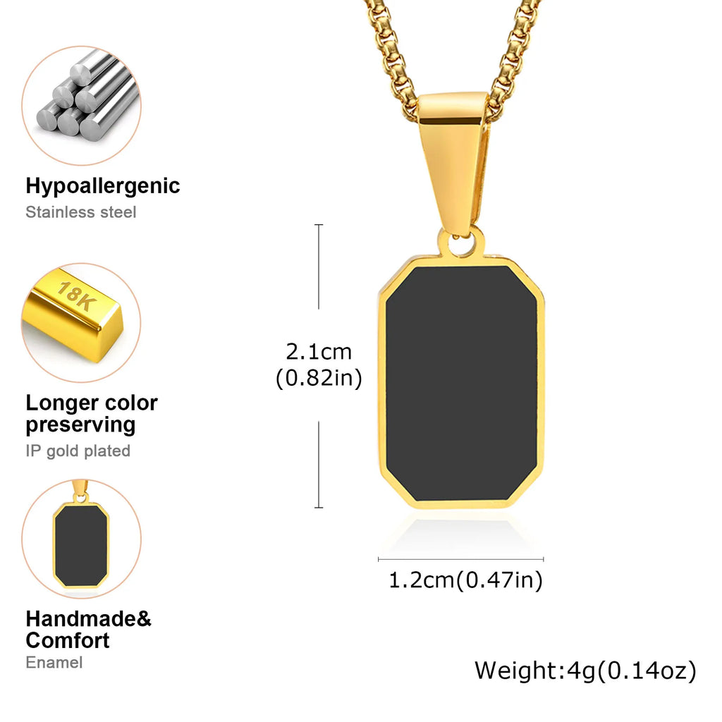 Casual Mens Geometric Square Necklaces,Black Enamel Rectangle Pendant with Rope Box Long Chain Collar,Stylish Jewelry Gifts