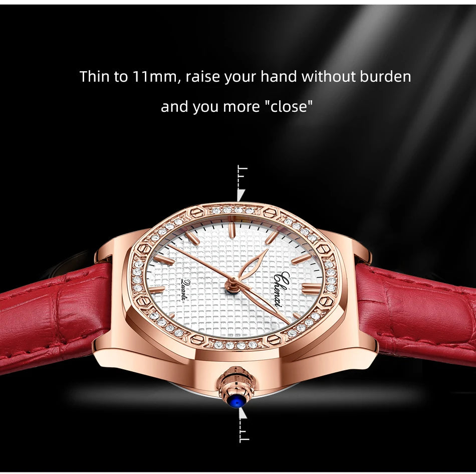 CHENXI Quartz Movement Woman Watch Simple Elegant Luxury Rose Gold Steel and Leather Strap Waterproof Ladies Dress Wristwatch
