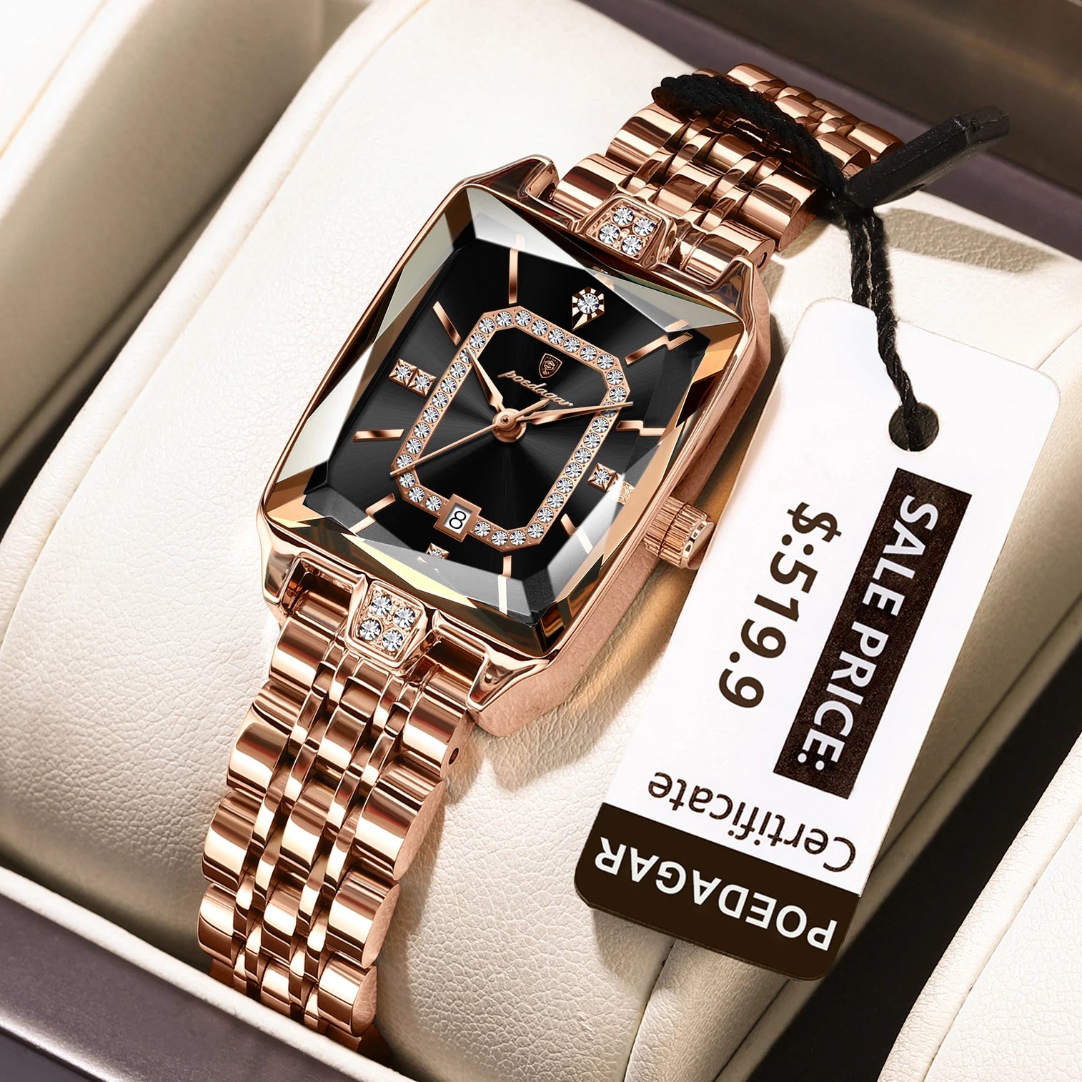 POEDAGAR Luxury Rectangle Watch - Waterproof Calendar Stainless Steel