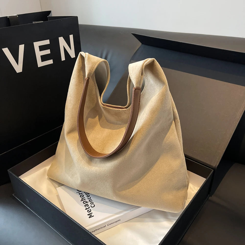Women Suede Shoulder Bag Retro Single Shoulder Bag Large Capacity Trendy Work Hobo Solid Color Vintage Hobo Bag Top Handle Bag