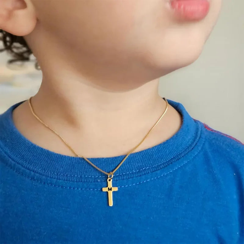 Initial Letter Cross Pendant Necklace - Gold Plated Kids Jewelry A-Z
