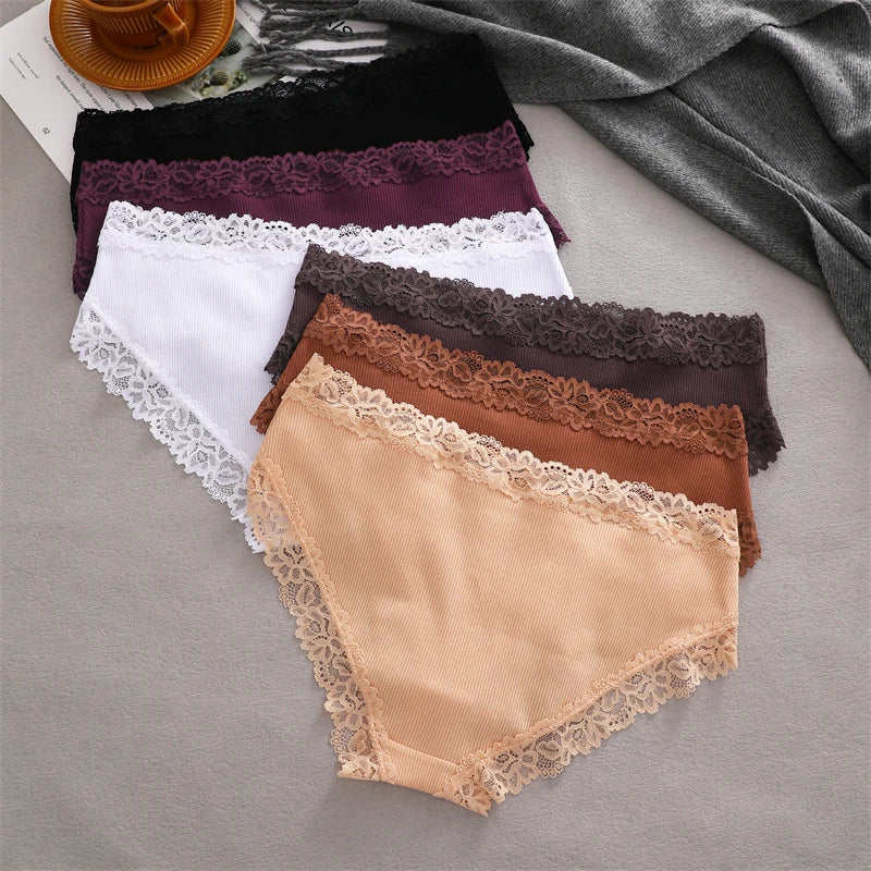 3PCS/Set Cotton Lace Underwear for Women Sexy Ribbed Floral Panties Comfortable Low-Waist Briefs Female Solid Comfort Lingerie