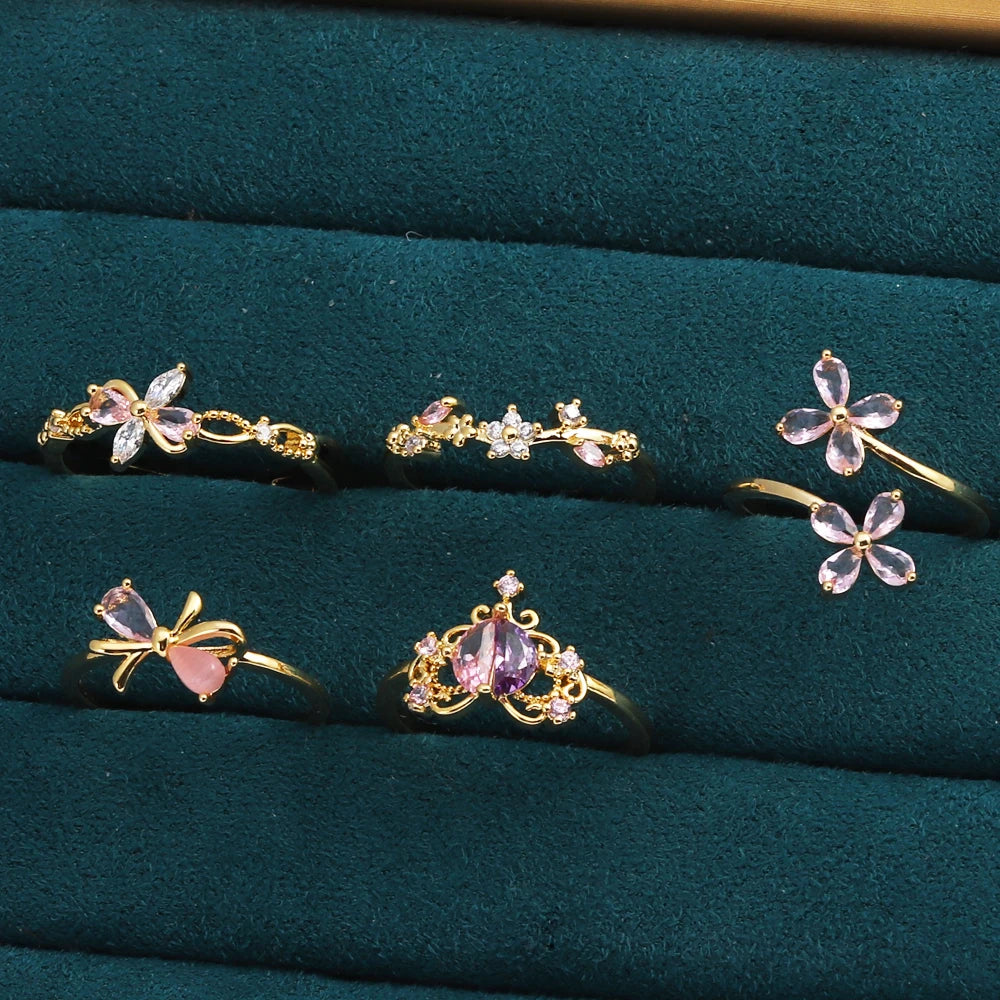 Fashion Moon Heart Flower Butterfly Rings For Women Sweet Girls Exquisite Shiny Rhinestone Crystal Open Ring 2025 Romantic Jewel