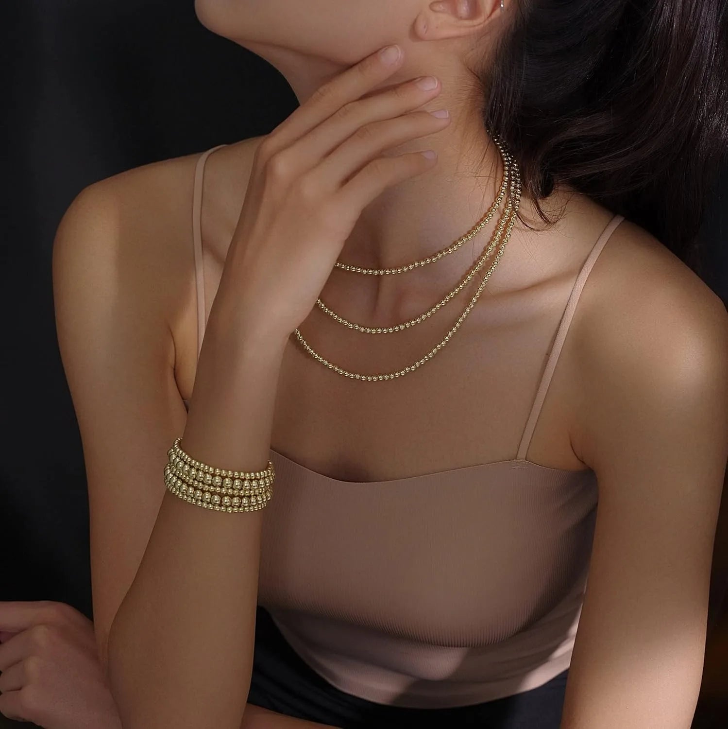 Gold Plate Bead Bracelet for Women 14K Gold Plated Bead Ball Bracelet Stretchable Elastic Hypoallergenic Bohemian Stackable