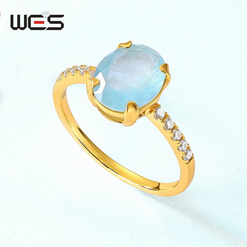 WES Oval Natural Birthstone Moonstone Promise Ring for Woman Aquamarine Moss Agate 925 Silver Jewelry Birthday Gift With Box