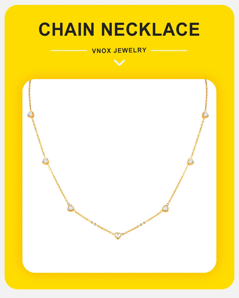Vnox Shiny CZ Stones Heart Chain Necklace For Women,18k Gold Plated Simple 45cm Length Collar, Love Statement Jewelry Gift