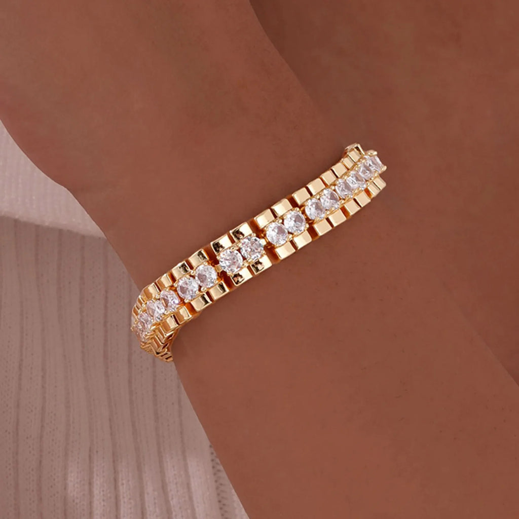 Paperclip Chain Bracelet 14K Gold Plated Cubic Zirconia Watch Strap Chunky Link Adjustable Stackable Jewelry For Women Girl Gift