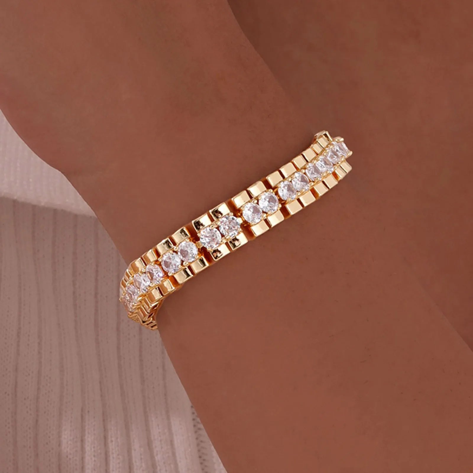 Paperclip Chain Bracelet 14K Gold Plated Cubic Zirconia Watch Strap Chunky Link Adjustable Stackable Jewelry For Women Girl Gift