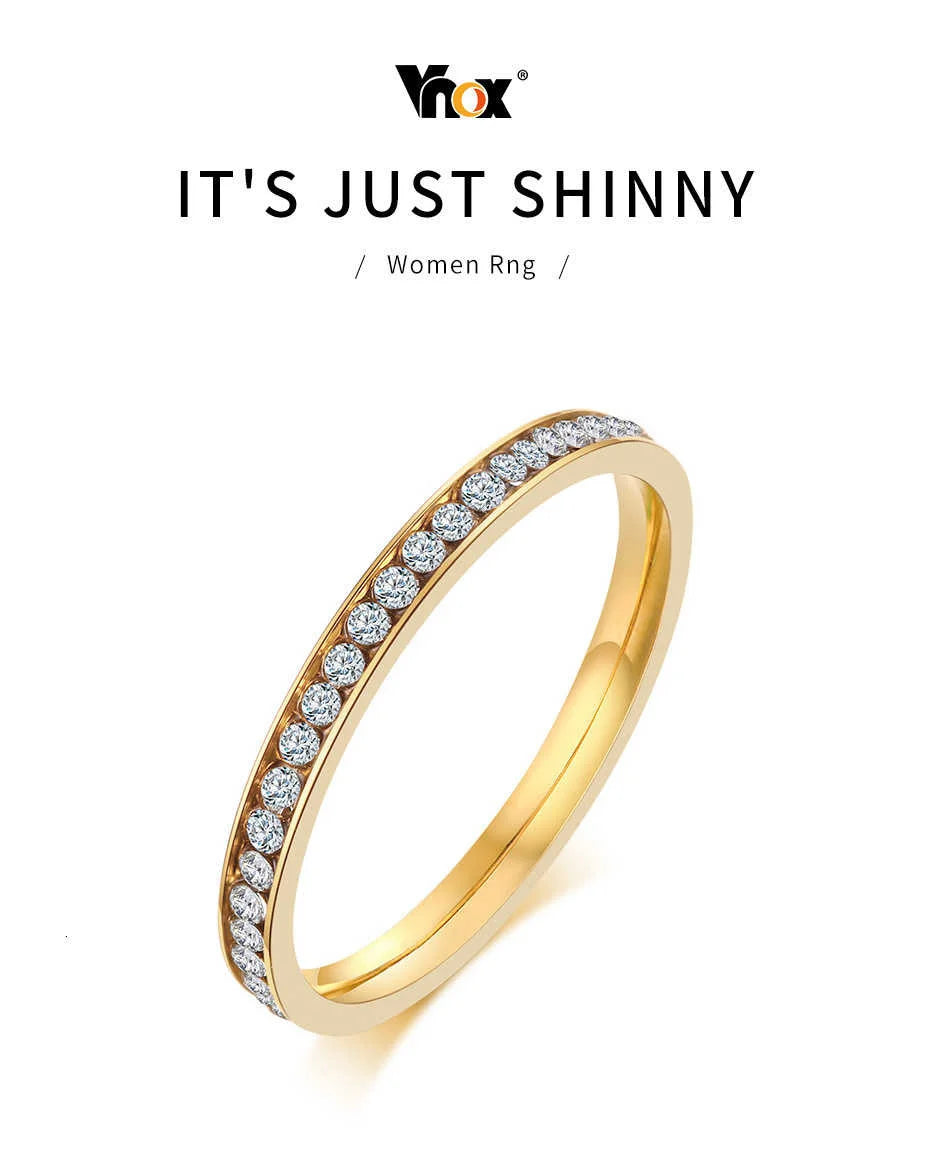 Vnox 2mm Bling CZ Stones Ring for Women Lady Gold Color Stainless Steel Shinny Crystal Finger Band Elegant Jewelry