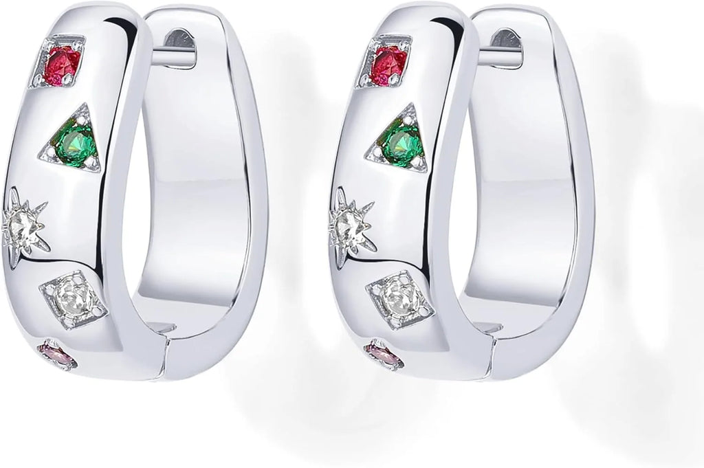 14K Gold Plated 925 Sterling Silver Posts Chunky Huggie Earrings for Women Multi-Colored Cubic Zirconia Statement Hoop Earrings
