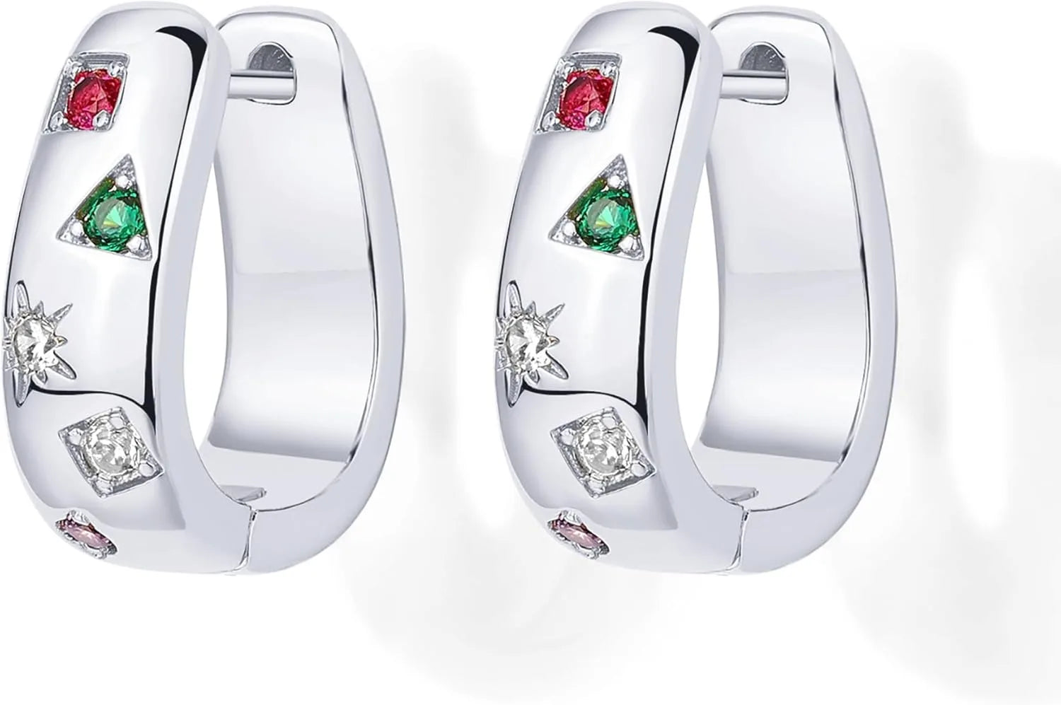 14K Gold Plated 925 Sterling Silver Posts Chunky Huggie Earrings for Women Multi-Colored Cubic Zirconia Statement Hoop Earrings