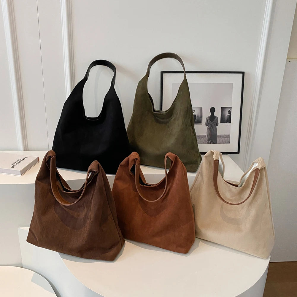 Women Suede Shoulder Bag Retro Single Shoulder Bag Large Capacity Trendy Work Hobo Solid Color Vintage Hobo Bag Top Handle Bag