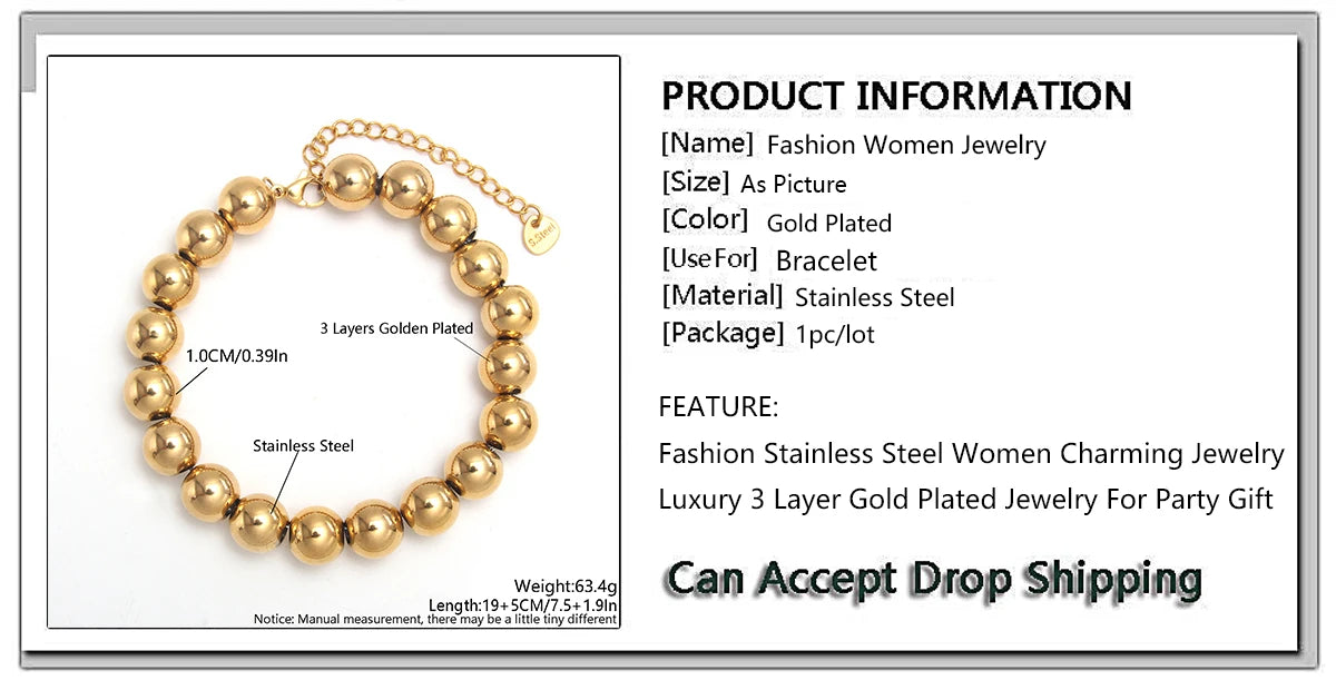 MHS.SUN Waterproof Smooth Beads Bracelet Adjustable Gold Silver Color Stainless Steel Round Balls Bracelets Unisex Party Jewelry