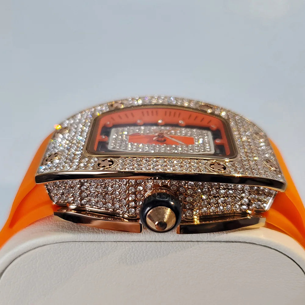 Luxury Diamond Watch For Women Elegant Tonneau Original Design Watches Fashion Ice Out Sport Rubber Strap Waterproof Mille Clock