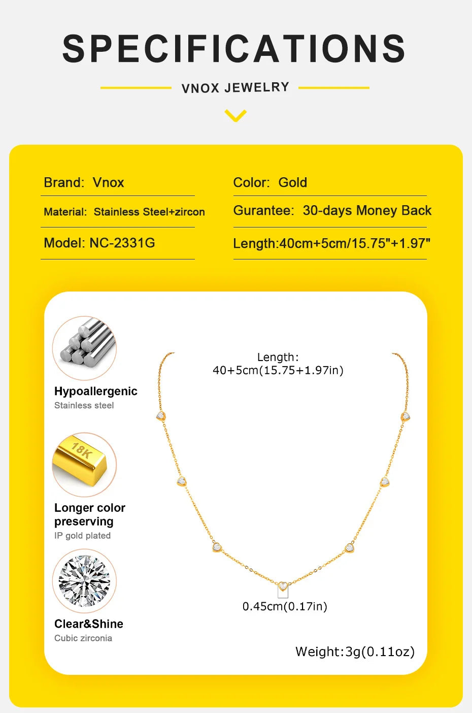 Vnox Shiny CZ Stones Heart Chain Necklace For Women,18k Gold Plated Simple 45cm Length Collar, Love Statement Jewelry Gift